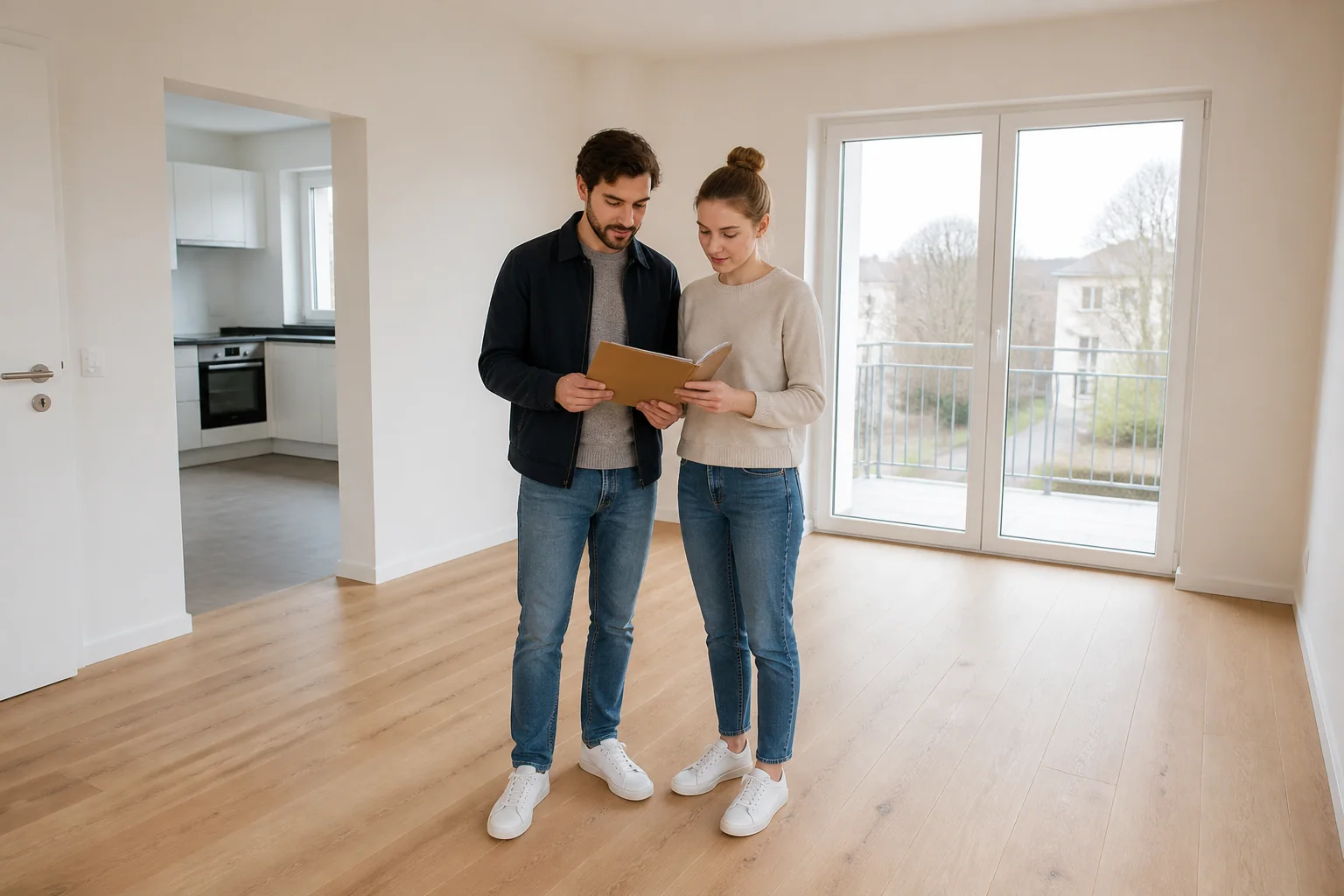 Ersterwerber prüfen ruhig Unterlagen in einer hellen Wohnung